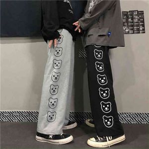 HOUZHOU Korean Style Wide Leg Pants Women Baggy Harajuku Cartoon Print Jogging Sports Hippie Black Casual Trousers 210915