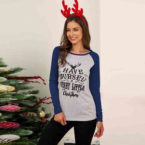 Autunno Inverno Natale Donna T-shirt Moda Lettera Stampa O Collo Patchwork Manica lunga Slim Top Casual Vacanza T-shirt Femme 210507