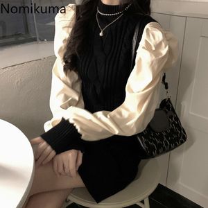 Nomikuma فانوس طويل الأكمام المرقعة محبوك فساتين ملتوية الكورية سليم المرأة نصف الياقة المدورة سترة اللباس جديد 6D803 210427