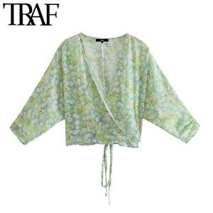 Women Fashion Floral Print Cropped Wrap Blouses Vintage Three Quarter Sleeve Tie Waist Female Shirts Chic Tops 210507