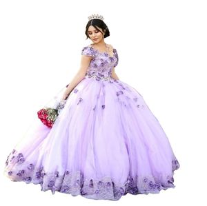 Lila tulle 3d blommor quinceanera klänningar av axel 2022 kristall pärlstav kula klänningar plus storlek söt 15 tjejer klänning