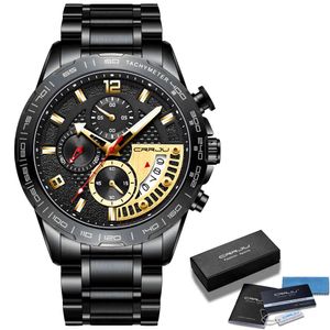 腕時計CRRJUステンレススチール腕時計メンズ発光オートデートウォッチエレガントブラッククロノグラフクォーツウォッチRelogio Masculino 210517