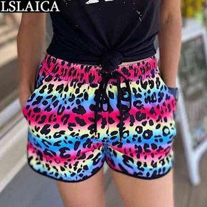 Women's Shorts Elastic Waist Drawstring Leopard Print Women Summer Sandy Beach Holiday Swimming Sports 210520