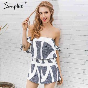 Off shoulder geometric print jumpsuit romper women Special bandage sleeve short overalls Sexy backless summer playsuit 210414