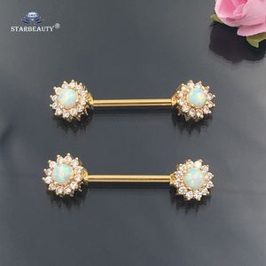 2 Pcs/lot 14G Luxury Natural Opal Ring Tongue Nipple Piercing Shield Rose Gold Color Stainless Steel Barbell Sexy Jewelry