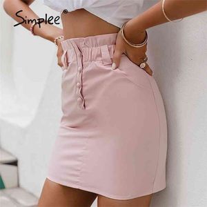 エレガントなピンクの女性のフリルミニ芽のスカート夏のカジュアル弾性ハイウエストボタンAラインスカートレディファッションスリムボトム210729