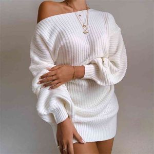 Foridol sexy one shoulder white knitted sweater dress women vintage lantern sleeve casual loose short oversized dress vestidos 210415