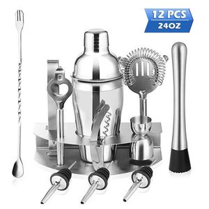 Camp Kitchen 12-teiliges 750-ml-Cocktail-Shaker-Set, Barkeeper-Set, für Bar, Hausmannskost, Bartending mit Ständer, Messbecher, Sieb, Löffel