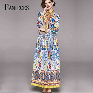 8 Renkler Yaz Sonbahar Pist Tasarımcısı Maxi Elbise Kadınlar Zarif Çiçek Baskı Uzun Elbiseler Yay Yaka Kat-Uzunluk Parti Vestidos 210520