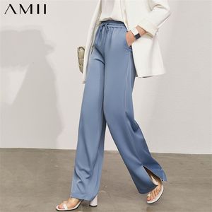 Amii minimalism sommar kvinnors byxor kausal elastisk midja solida lösa långa byxor chiffon 12140608 210915
