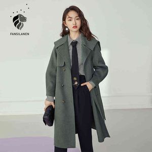 FANSILANEN Gray Long Elegant Wram Wool Coat Women Double Breasted Winter Coat Jacket Vintage Cashmere Female Trench Blend Coat 211118