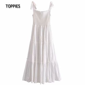 Maxi abito estivo in cotone bianco con scollo a barchetta ricamato vintage da spiaggia donna 210421