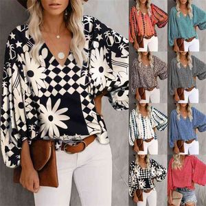 Loose Pullover Print Blusar Femme Kvinnor V-Neck Fancy Lantern Sleeve Shirt Blouse Top Blusas Mujer de MODA 210517