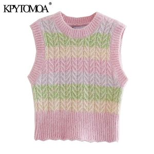 Kvinnor Söt Mode med Ribbed Trims Striped Vest Sweater O Neck Ärmlös Kvinna Waistcoat Chic Toppar 210420