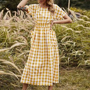 Zarif Yaz Kadın Ekose Uzun Vintage Yüksek Elastik Bel Oneck Cep Elbiseleri Kadın Piknik Kıyafet Elbise Tatil 210414
