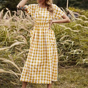 Elegant sommarkvinnor Plaid Long Vintage High Elastic Waist Oneck Pocket Klänningar Kvinna Picnic Outfit Klänning Holiday 210414