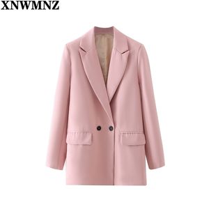 Frauen Mode rosa Zweireiher Lose Fitting Blazer Mantel Vintage Langarm Taschen Weibliche Oberbekleidung Chic Tops 210520