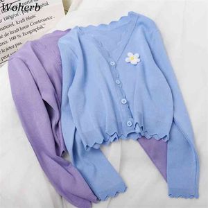 Letnie cienkie kardigan kobiety uprawy stałe dzianiny sweter płaszcz koreański moda stretch dzianina kwiatowy patch słodkie topy 210519