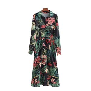 Vinatge Kadın Çiçek Baskılı Sashes Uzun Elbise Bahar Moda Çin Tarzı ES Kadın Zarif Chic Tatil 210515