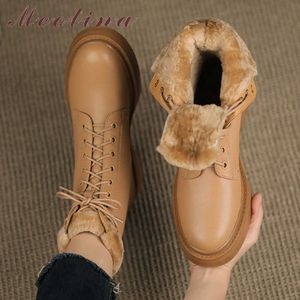 Meotina Genuine Leather Motorcycle Boots Woman Med Heel Ankle Boots Platform Block Heel Short Boots Lace Up Female Shoes Winter 210608