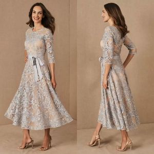 Elegant Mother Of The Bride Dresses Jewel Neck A Line Lace Appliques Wedding Guest Dress 3/4 Long Sleeves Formal Mother Gowns CG001