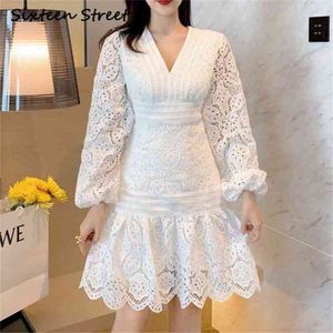 White Lace Woman's Dress V-Neck High Cintura Lanterna Lanterna Vestidos Senhoras Primavera Vintage Elegante Feminino Autumn Roupas 210603