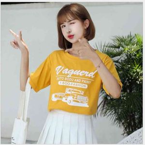 Kobiety Żółte Tshirts Moda Drukowana T Shirt Summer Casual Tee Topy Damskie ubrania JY1009