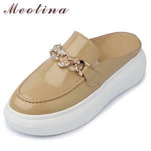 Meotina Donna Ciabatte Scarpe Catena Zeppe Sandali Piattaforma Tacco alto Diapositive Punta quadrata Pelle di mucca Calzature da donna Estate Nero 40 210608