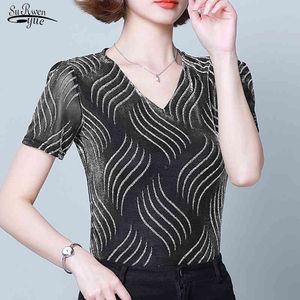 T-shirt sottile a maniche corte estiva da donna Casual con scollo a V elastico Top Moda femminile a righe Chemise Femme 14085 210508