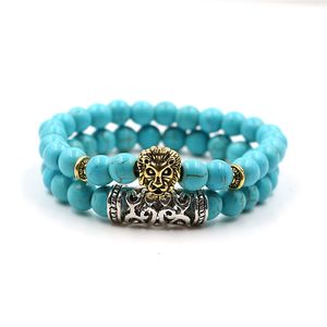 2 styckssträngar Lava Stone Lion Head Bead Armband för män och kvinnor Justerbara 8mm pärlor