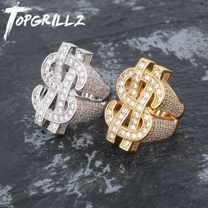 Topgrillz moda rocha gelada fora bling ouro cor prata nos dólar sinal anéis aaa cúbico zircão hip hop anel anel jóias
