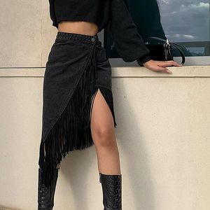 Röcke Kreuz Unregelmäßige Fransen Saum frauen Denim Hohe Taille Taste Dünne Weibliche Jeans Rock 2021 Sommer Mode Damen Boden