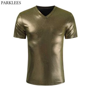 Altın Metalik Gece Kulübü Giymek Tshirt Erkekler Slim Fit V Boyun Glitter Tişörtleri Erkekler Tee Gömlek Homme Parti Sahne Balo Clothiing 210522