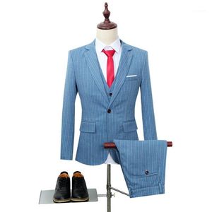 Wedding Party Mens Stripe Suit Three-Piece Blue Black Men Blazer Jacket + Spodnie + kamizelki 2021 Tuxedo 5xl Garnitury męskie Blazers