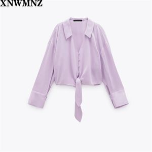 Camisa de fluxo com gravata lilac johnny colar cortada longa mangas compras detalhe do nó dianteiro no botão de bainha 210520