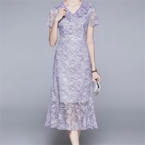 Lace Dress Women V-neck Elegant Evening Party Formal Mid-Calf Mermaid Short Sleeve Women's Summer Dresses 210603