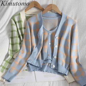Kimutomo Women Sets Spring Korean Style V-neck Long Sleeve Cardigans + Chic Plaid Knitted Vest Two Piece Suits Elegant 210521