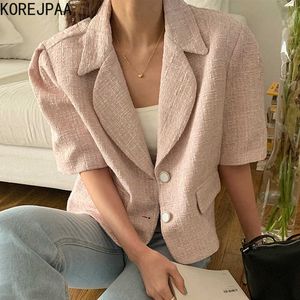 Korejpaa Women Jacket Summer Korean Chic Ladies Gentle Temperament Suit Collar Two-Button Loose Puff Sleeve Tweed Jackets 210526