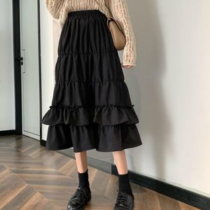 Wholesale skirts for teens for sale - Group buy Skirts Vintage High Waisted Skirt Women Spring Autumn Teens School Girls Frill Pleated Ruffles Patchwork Long Midi Black Goth