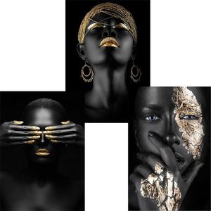 絵画1ピースアフリカの黒ゴールドモダンな女性の壁アートの肖像画スカンジナビアキャンバスプリント油絵ポスター画像ホームオフィスデコ