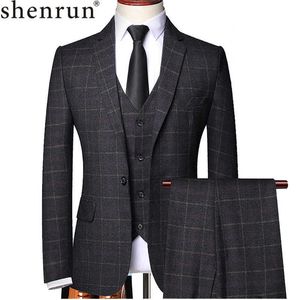 Shenrun Men 3 pezzi Suit Primavera Autunno Plaid Slim Fit Business Formale Casual Check Suits Office Work Party Prom Wedding Groom X0608