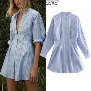 Spring Blue Striped Shirt Dress Woman Long Sleeve Ruched Short es Women Casual Pockets Button Vintage 210519
