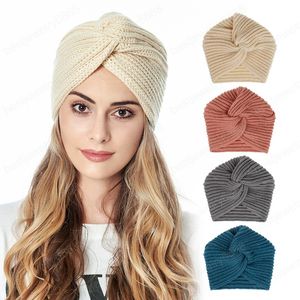 Solid Color Autumn Winter Hats For Women Beanies Cotton Knitted Turban Warm Hat Elastic Wool Cross Wrap Head Cap