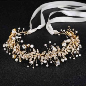 Kmvexo guldblad brud headpiece tiara bröllop tillbehör vinstockristall pärla huvudband hår smycken för brud