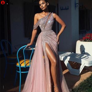 2022 Elegant Off Shoulder Long Prom Dresses Full Beaded For Arabic Women Sexy Front Split Formal Evening Pageant Gowns Robe De Soi251p