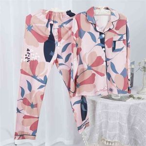 Women's Two-piece Home Suit for Spring and Summer Long-sleeved Cotton Pants Pajamas Print Full sleep tops Woman Pijama Set 210809