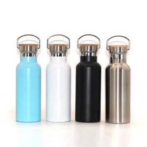 Vintage Water Bottle with Bamboo Lid Powder Coated Vacuum Insulated Kettle Stainless Steel Handle Sport Bottles