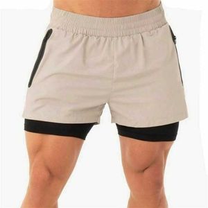 Män 2 i 1 Sommar Sport Shorts Byxor Running Fitness Gym Träning Fickor Bottom 210714