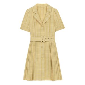 Yellow Light Green Pink Plaid Notch Collar Sash A line Single breast Short Sleeve Ruched Mini Dress Summer D1811