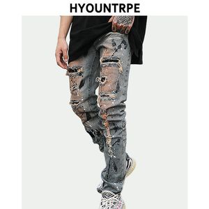 Dolny Zipper Zniszczony Skinny Ripped Slim Men Biker Jeans Moda Graffiti Drukowane Streetwear Spodnie Hip Hop Joggers